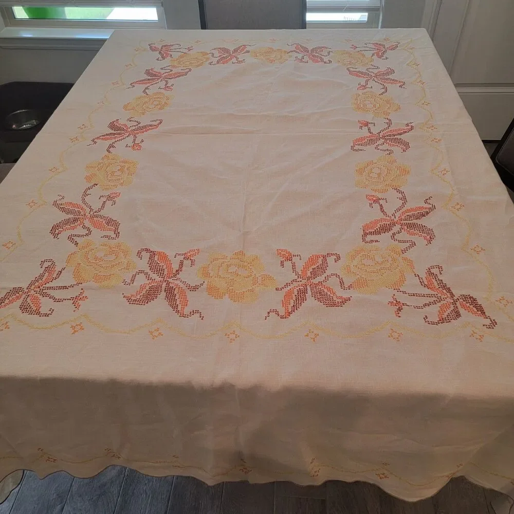 Vintage Linen White and Multicolor Tablecloth 84" x 69" - Picture 1 of 7
